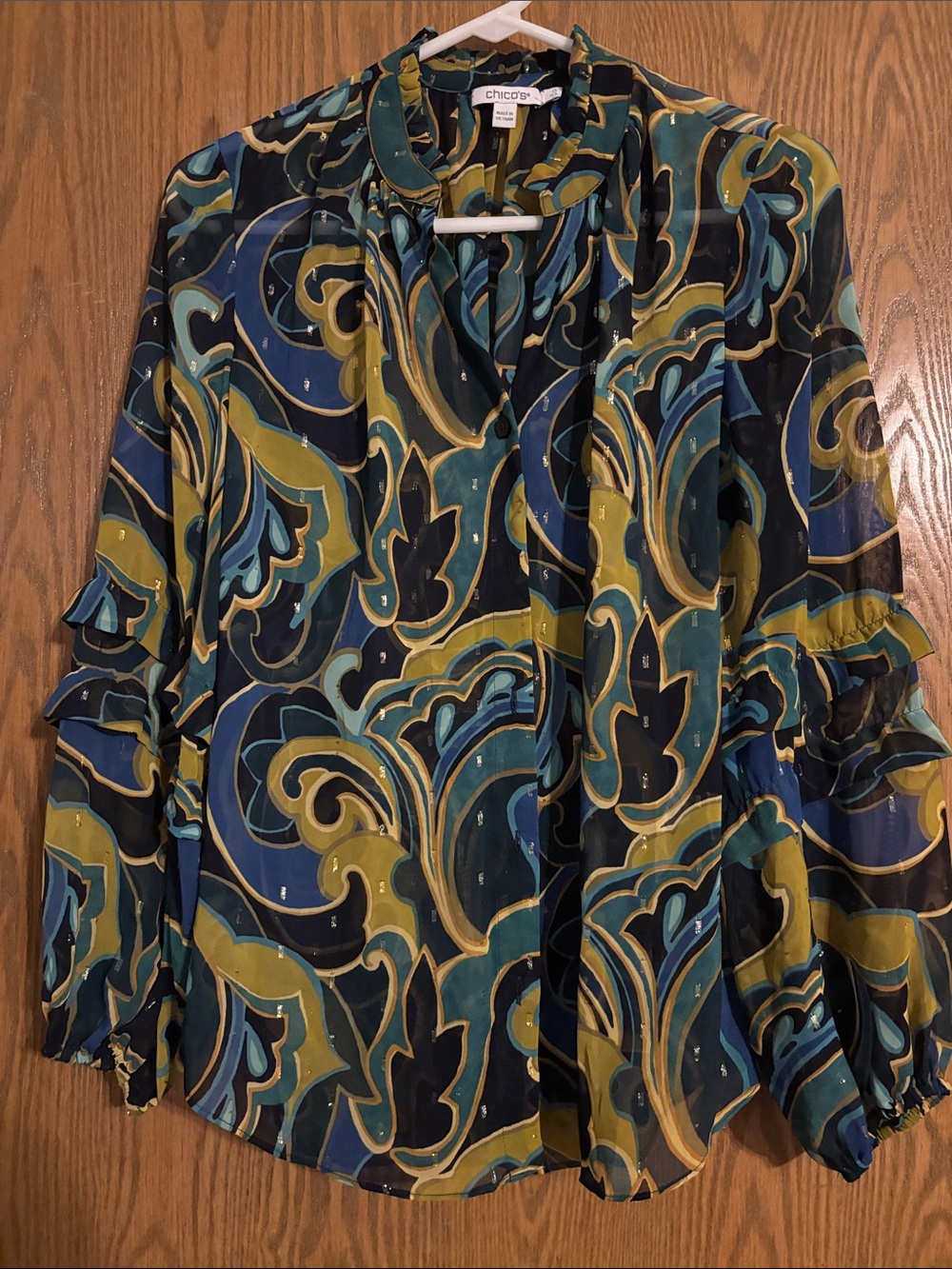 Chico's Teal, Olive & Navy Swirl Tie-Neck Blouse Size 4